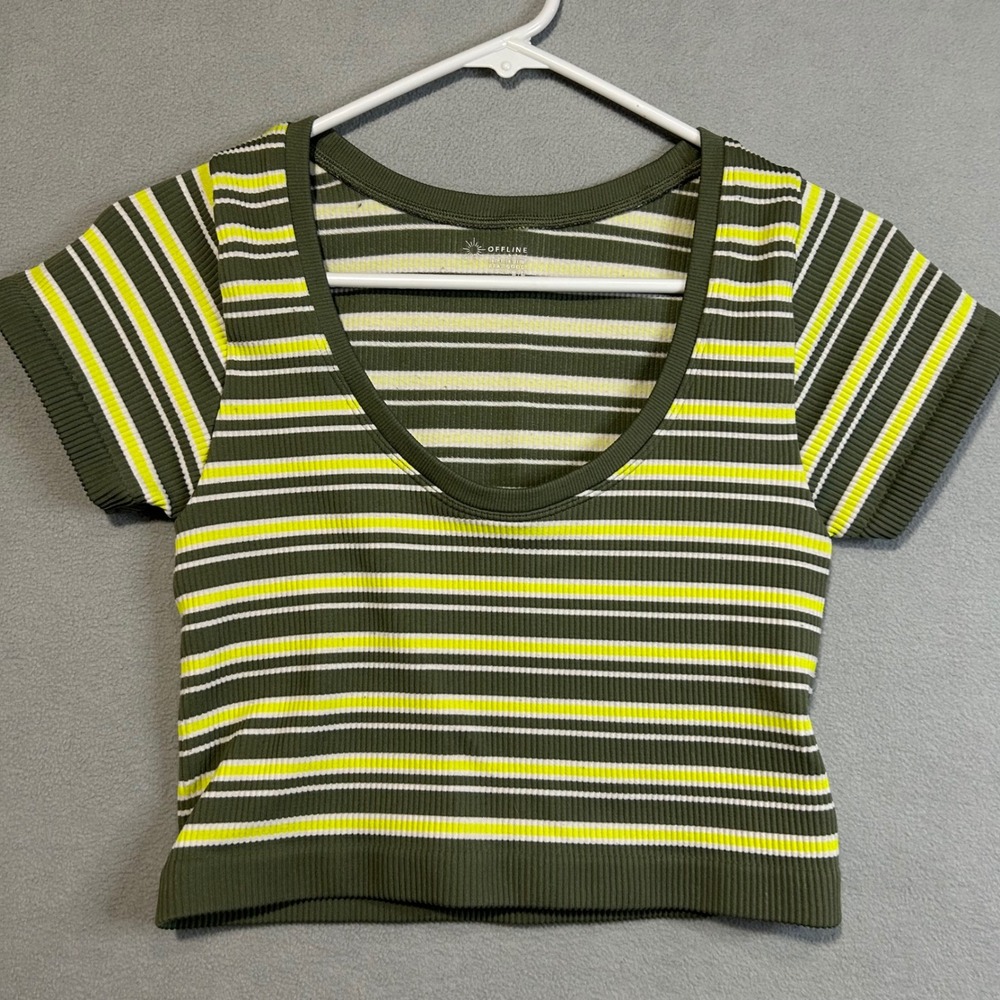 OFFLINE by Aerie‎ Cropped Ribbed Striped Tee Olive Green Yellow White Top